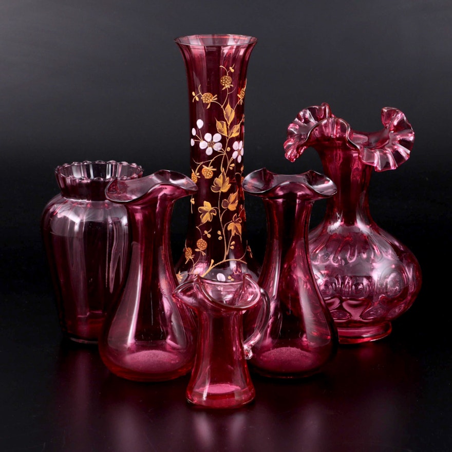 Cranberry Glass Vases and Pitcher, Mid-20th Century