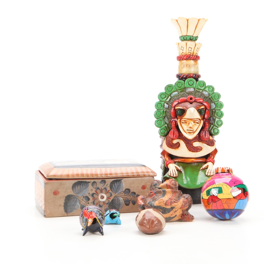 Mexico Teotihuacan Decanter, Earthenware Box, Ornament and Figurines