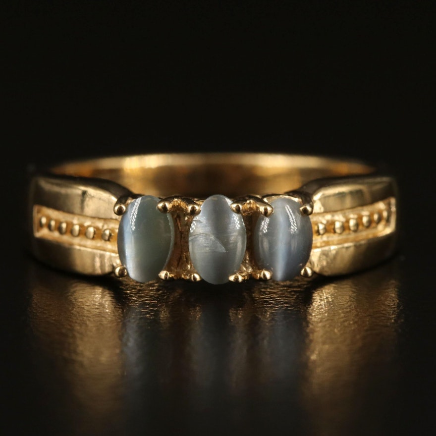 Sterling Cat's Eye Chrysoberyl Three Stone Ring with Granulation Detail