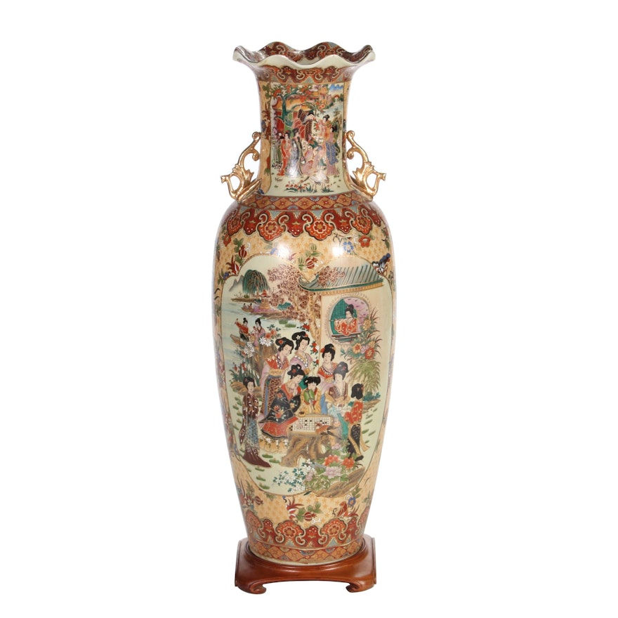 Japanese Satsuma Style Ceramic Floor Vase on Stand