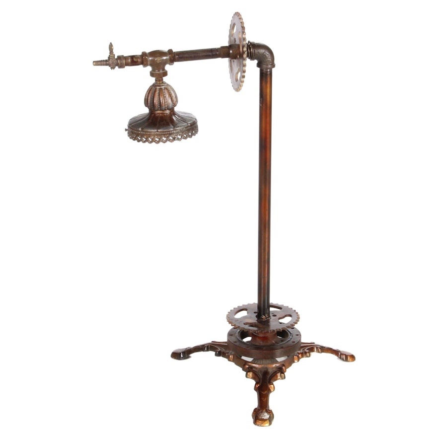 Steampunk Aesthetic Patinated Metal Pipe Constructed Table Lamp, Mid-20th C.