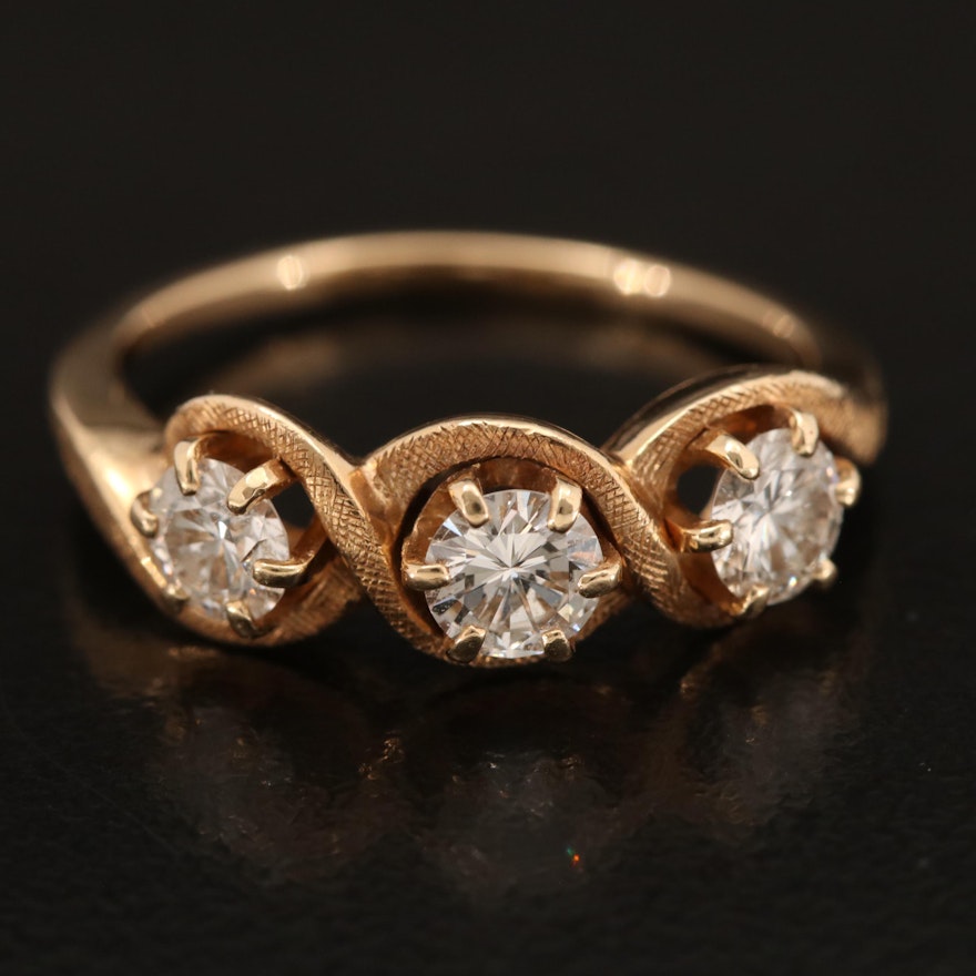 14K Diamond Three Stone Ring with Florentine Finish