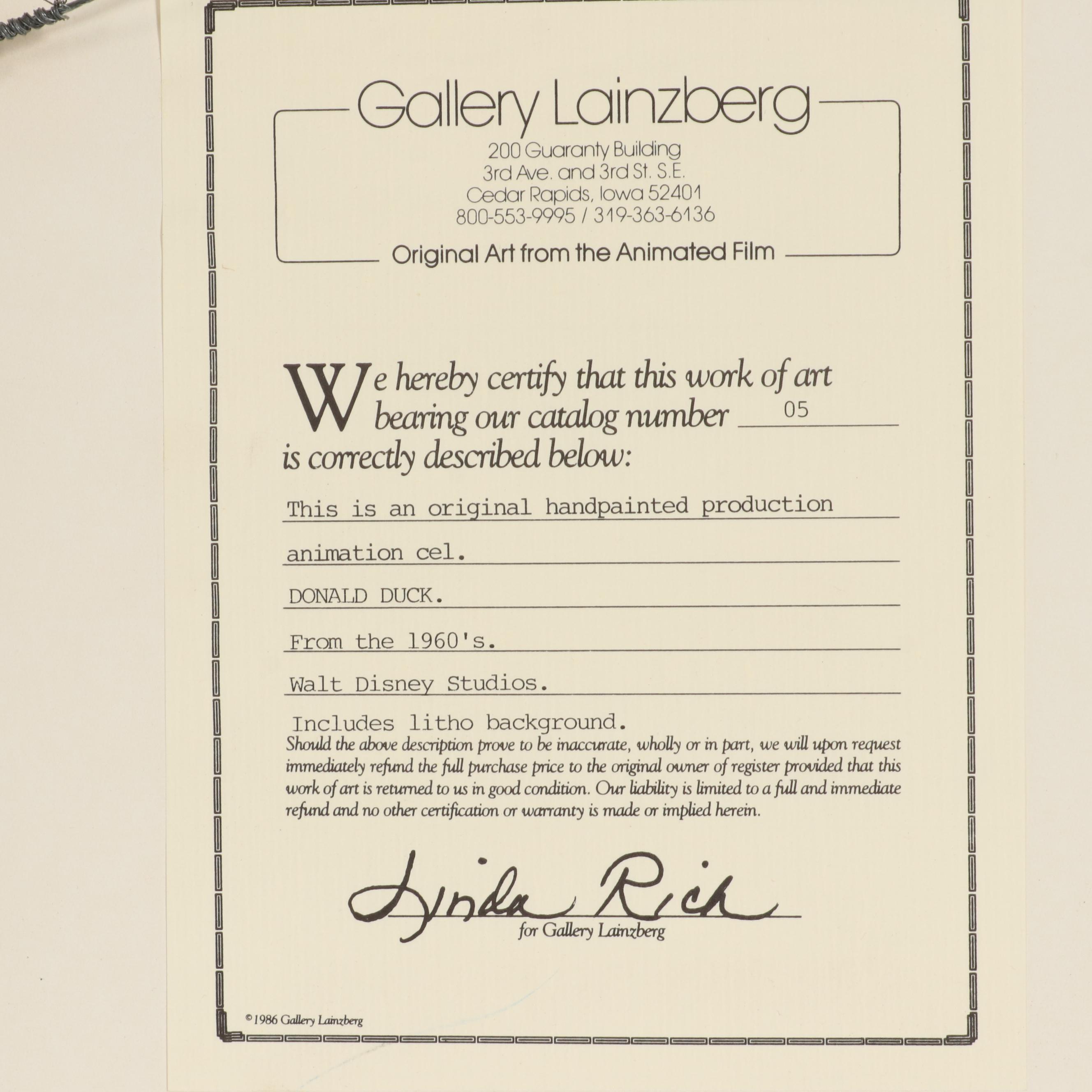 Disney Animation Production Cel of Donald Duck, 1960s