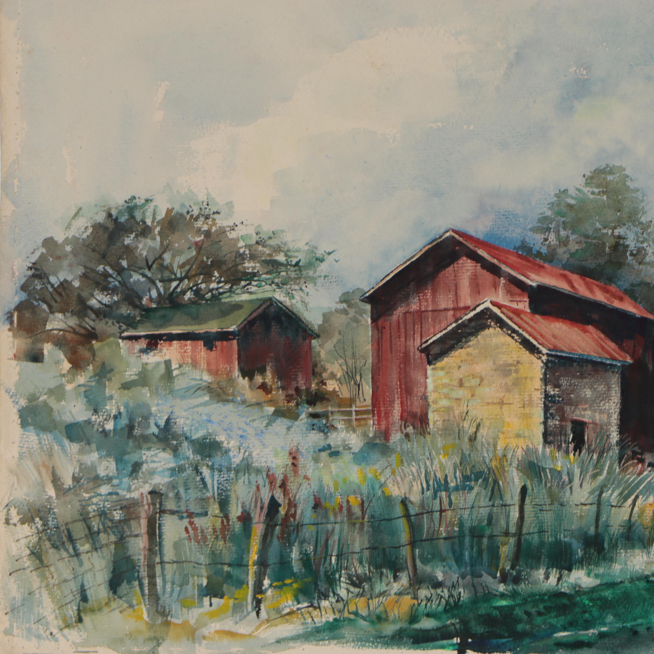 John Imhoff Watercolor Paintings of Barns, Mid-20th Century