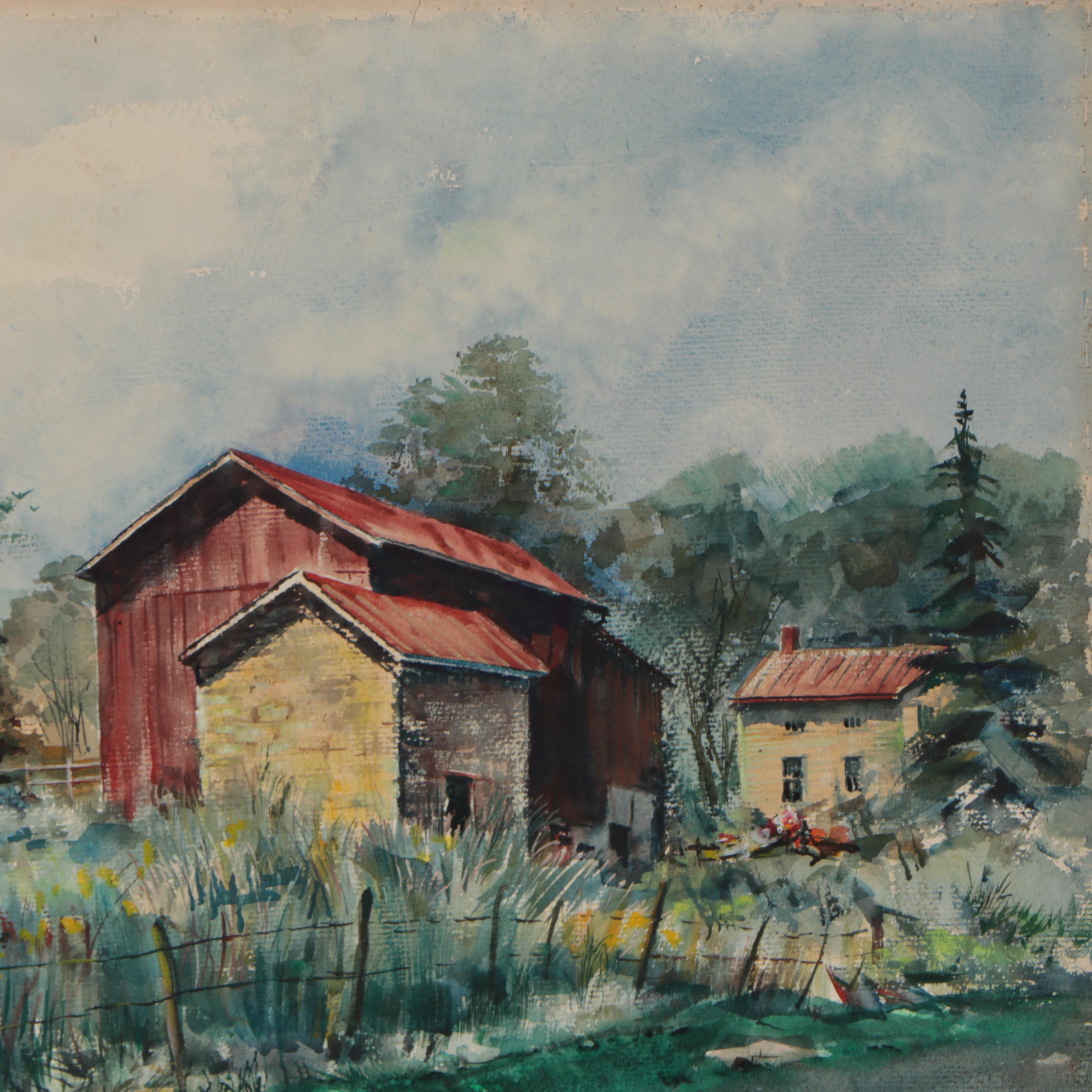 John Imhoff Watercolor Paintings of Barns, Mid-20th Century