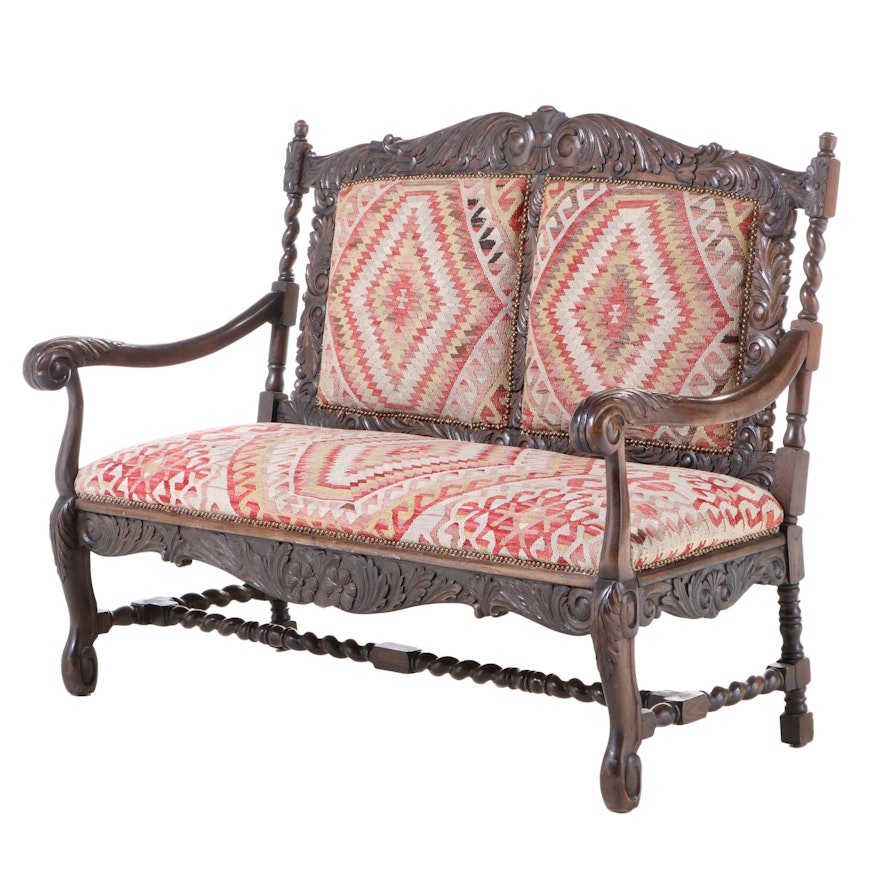 Jacobean Style Carved Oak Settee with Kilim and Suede Covers, 20th Century