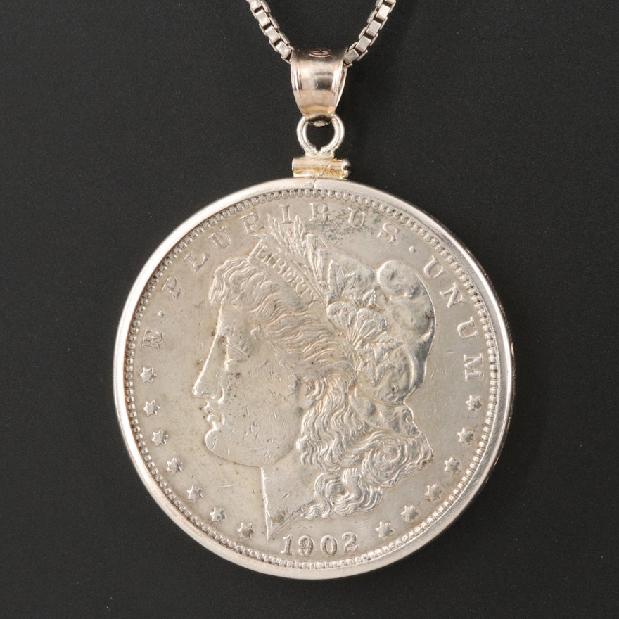 Italian Sterling Box Chain Necklace with 1902 Morgan Silver Dollar Coin