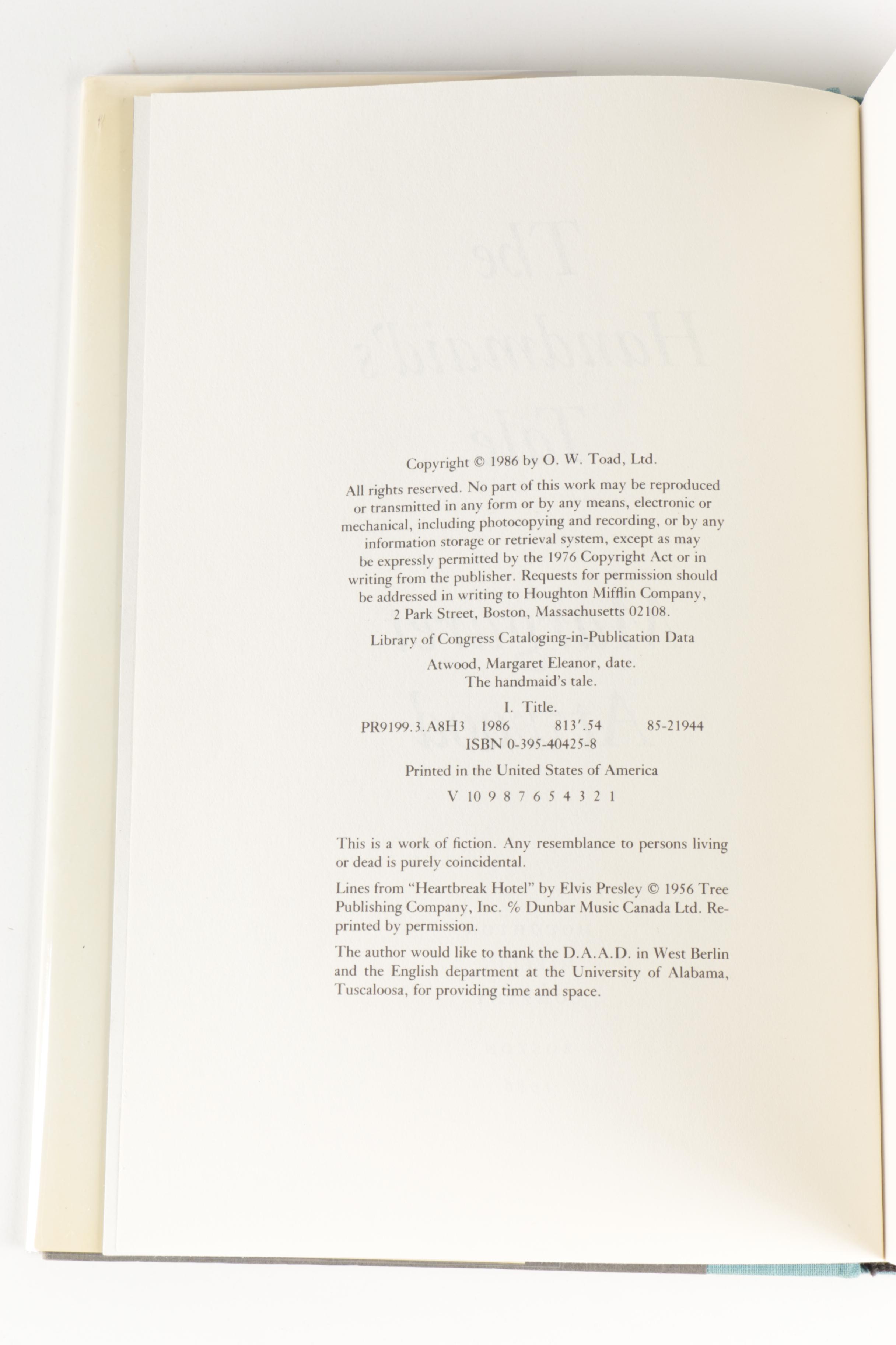 First American Edition "The Handmaid's Tale" by Margaret Atwood, 1986