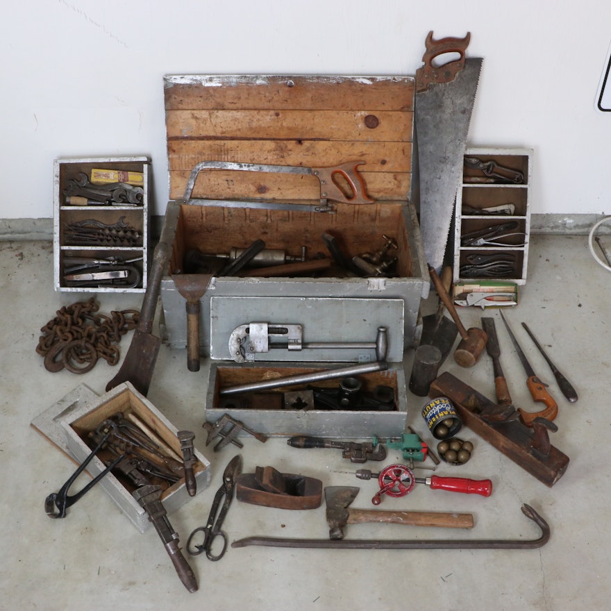 Painted Pine Tool Chest with Assorted Hand Tools