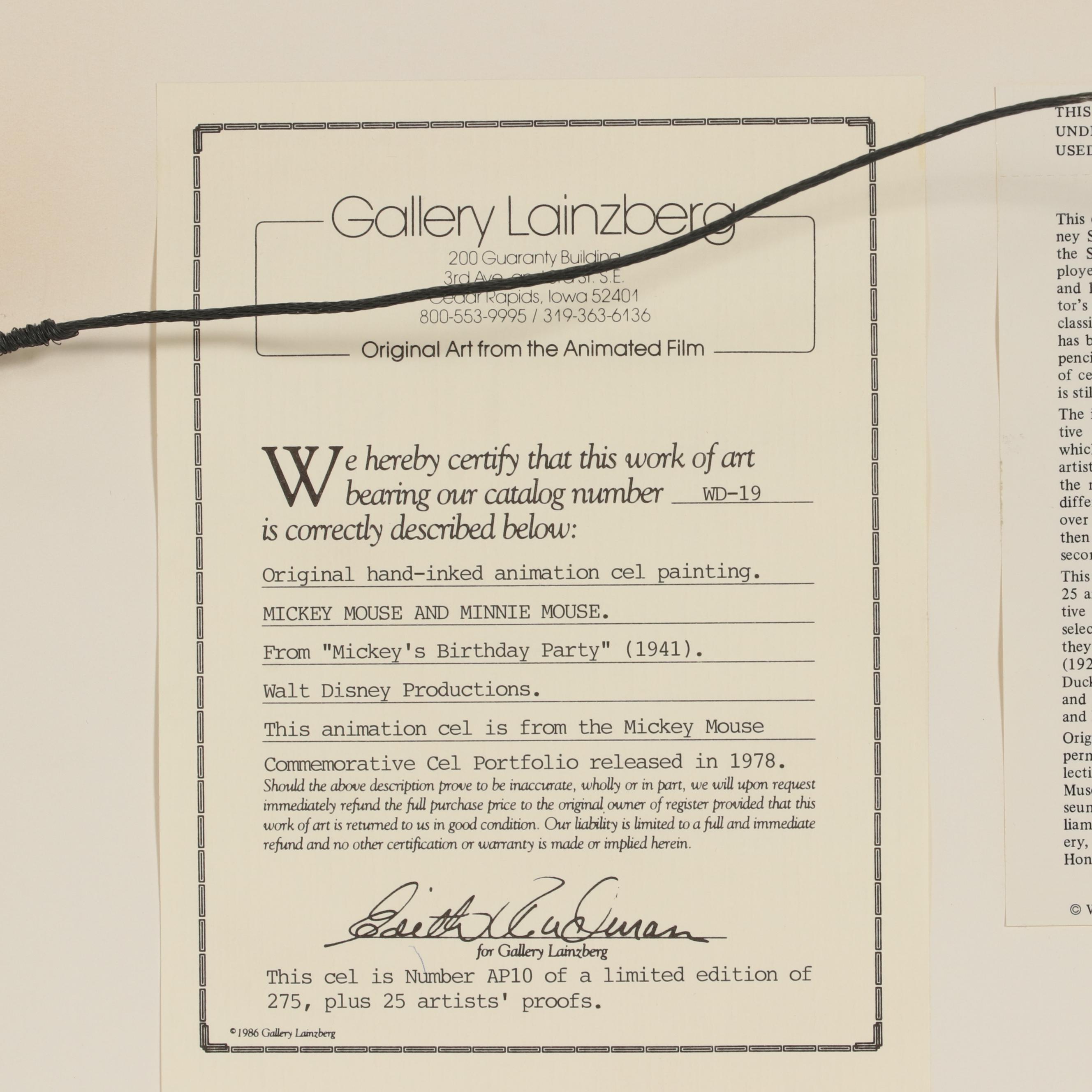 Disney Animation Cel "Mickey's Birthday Party," 1978