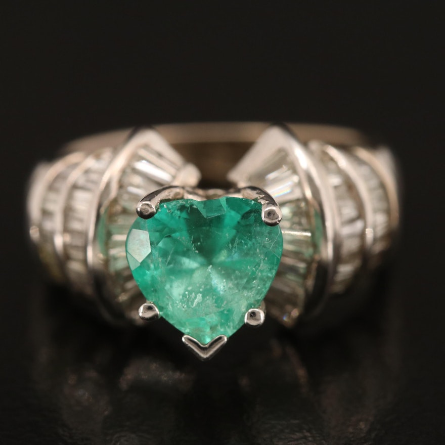 18K 2.67 CT Emerald Heart Ring with 1.15 CTW Diamond Channel Shoulders