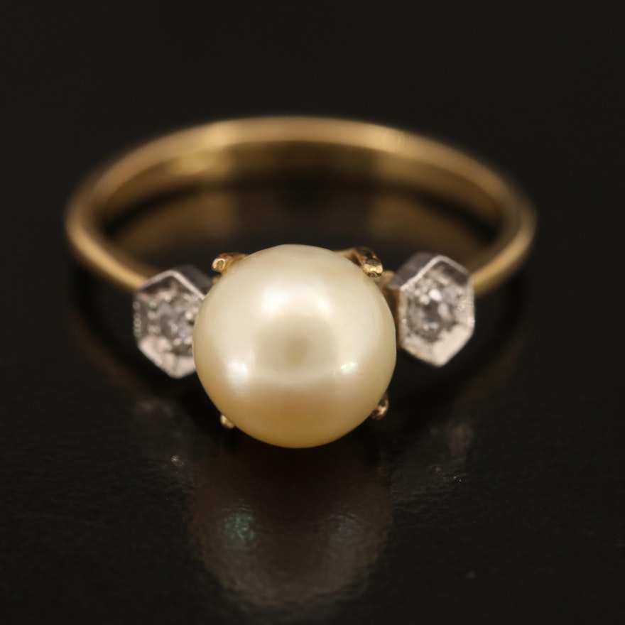 18K Pearl and Diamond Three Stone Ring