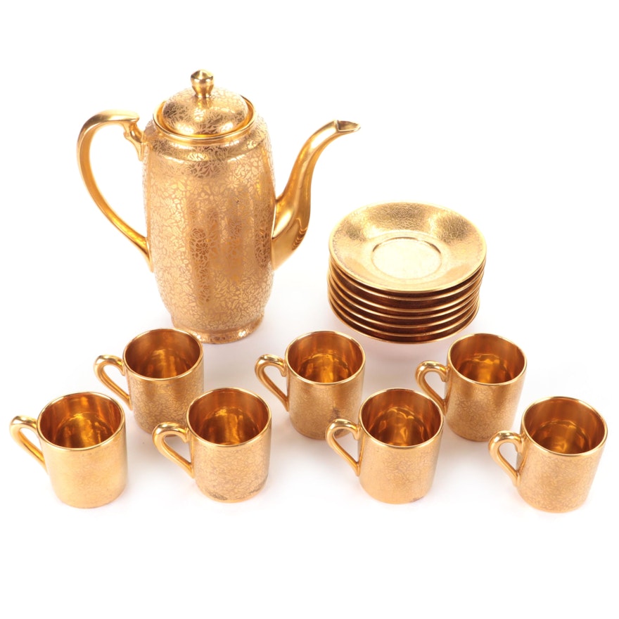 Stouffer and Wheeling Gold Encrusted Coffee Pot, Cups and Saucers
