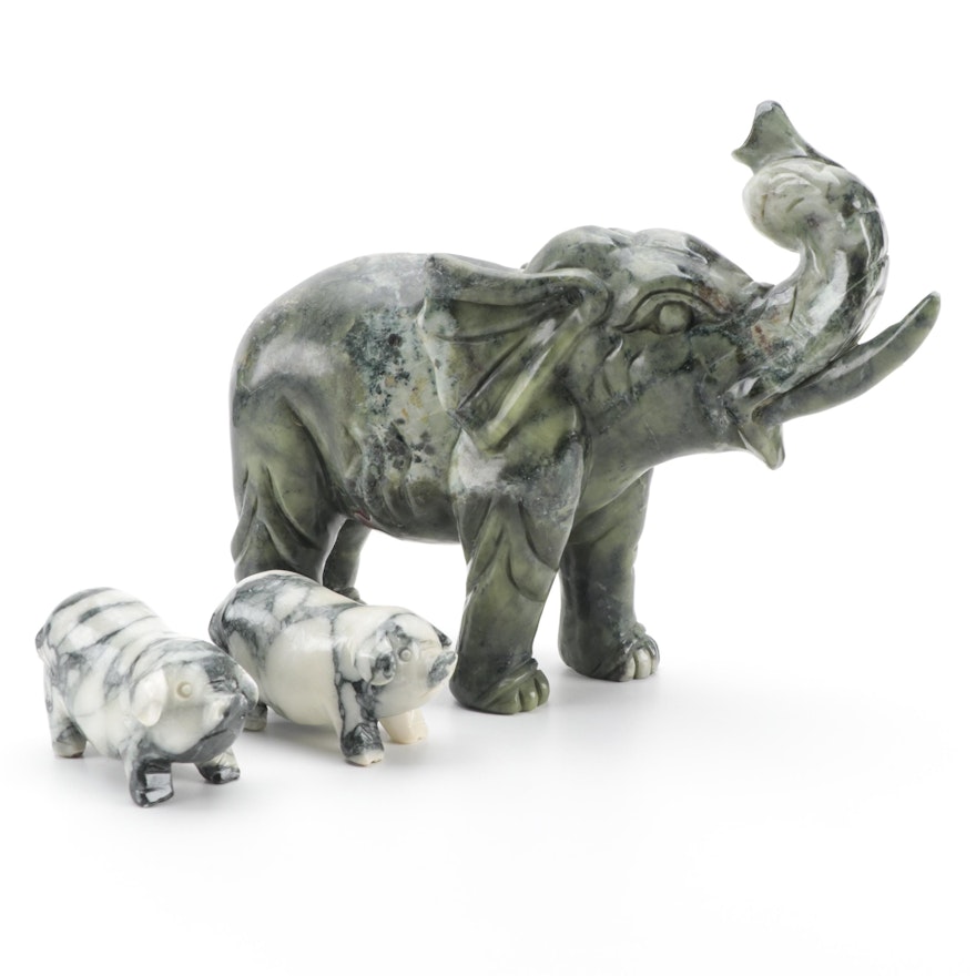Chinese Carved Serpentine Elephant and Pig Figurines