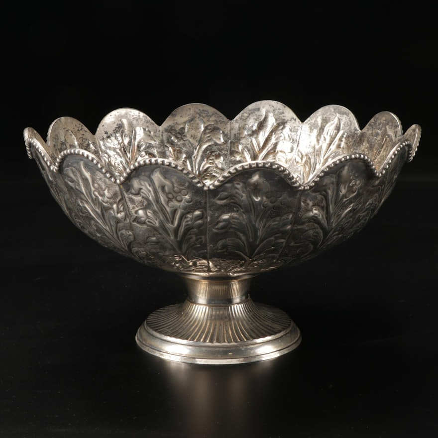 Floral Repoussé Silver Plate Footed Bowl