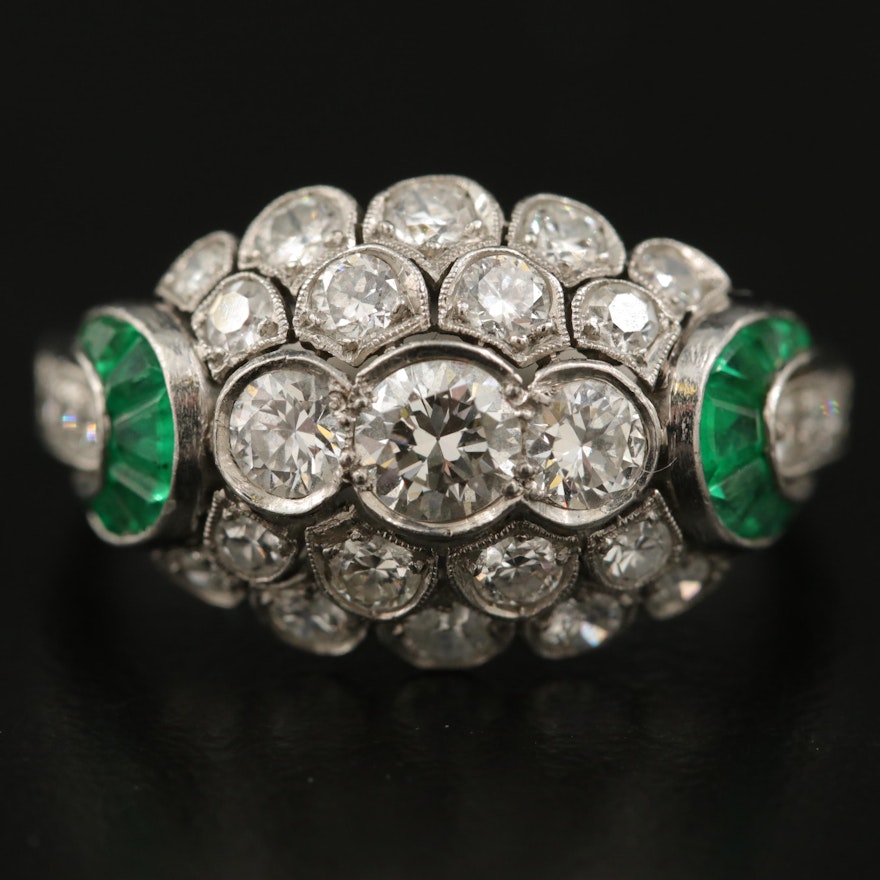 Art Deco Platinum 1.15 CTW Diamond and Emerald Ring