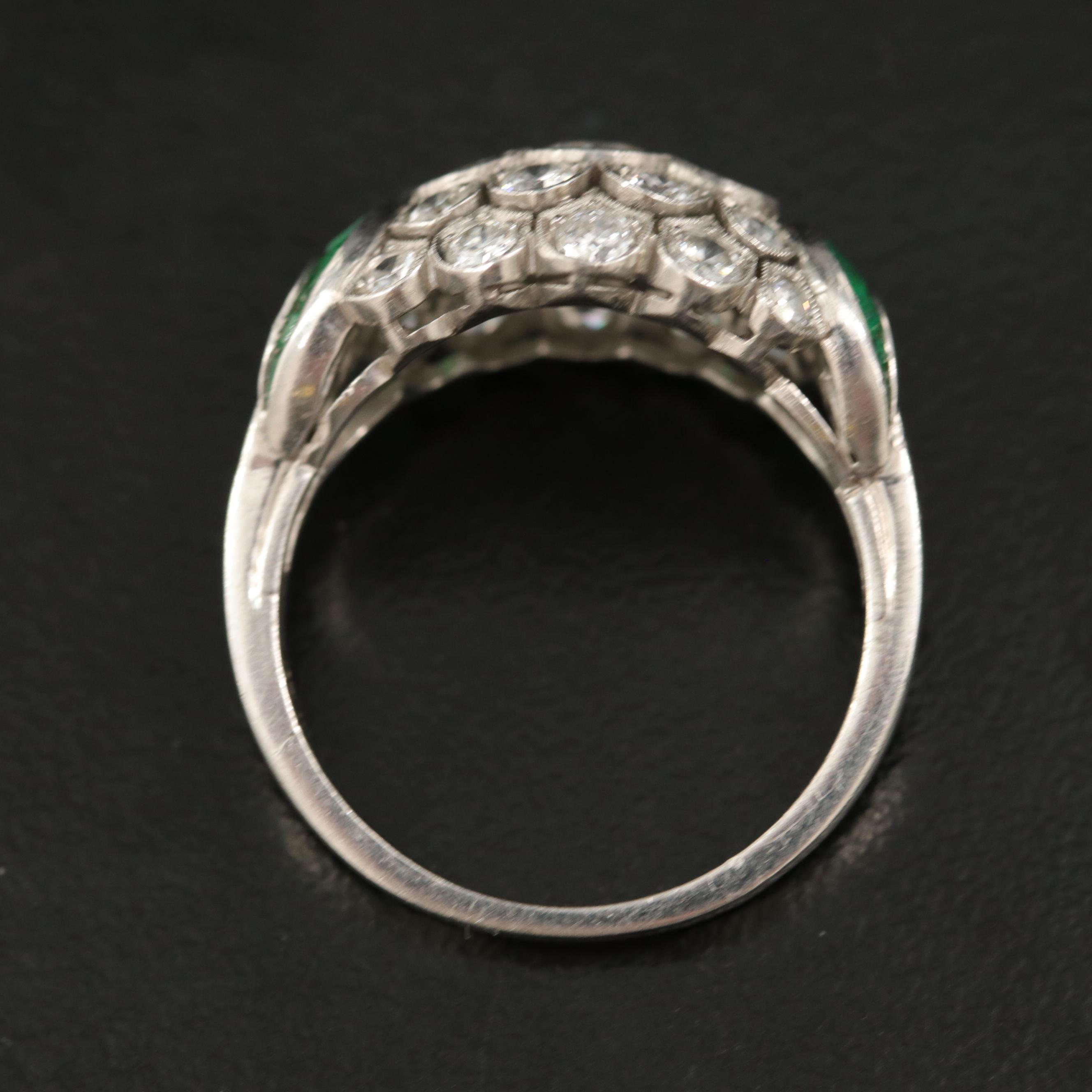 Art Deco Platinum 1.15 CTW Diamond and Emerald Ring