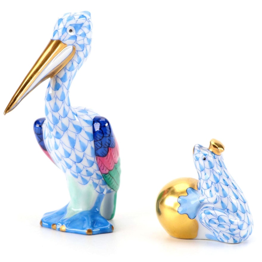 Herend Blue Fishnet "Pelican" and "Frog with Crown" Porcelain Figurines