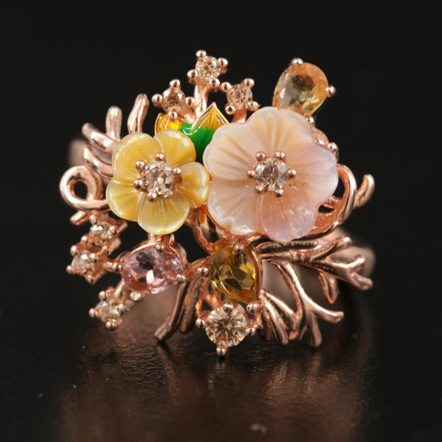 Sterling Mother of Pearl, Citrine and Morganite Floral Ring