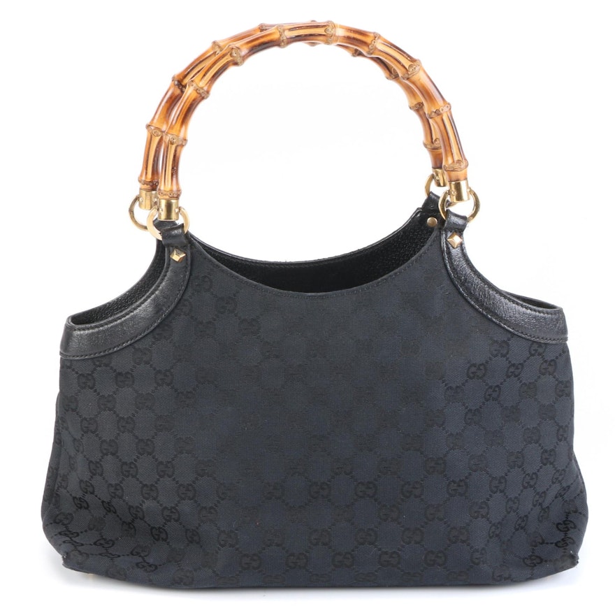 Gucci Bamboo Tote in GG Canvas and Black Leather