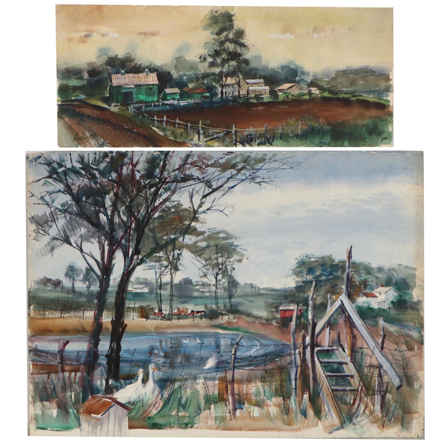 John Imhoff Farm Landscape Watercolor Paintings, Mid-20th Century