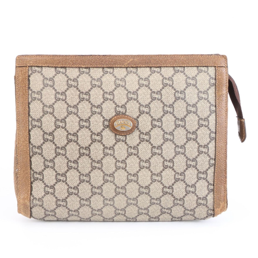 Gucci Plus Cosmetic Bag in GG Plus Canvas with Brown Leather Trim