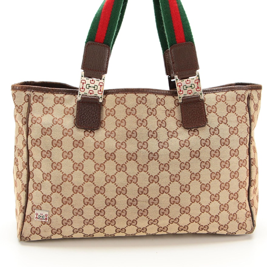 Gucci Tote Bag in Tan GG Canvas with Leather and Webbing Trim