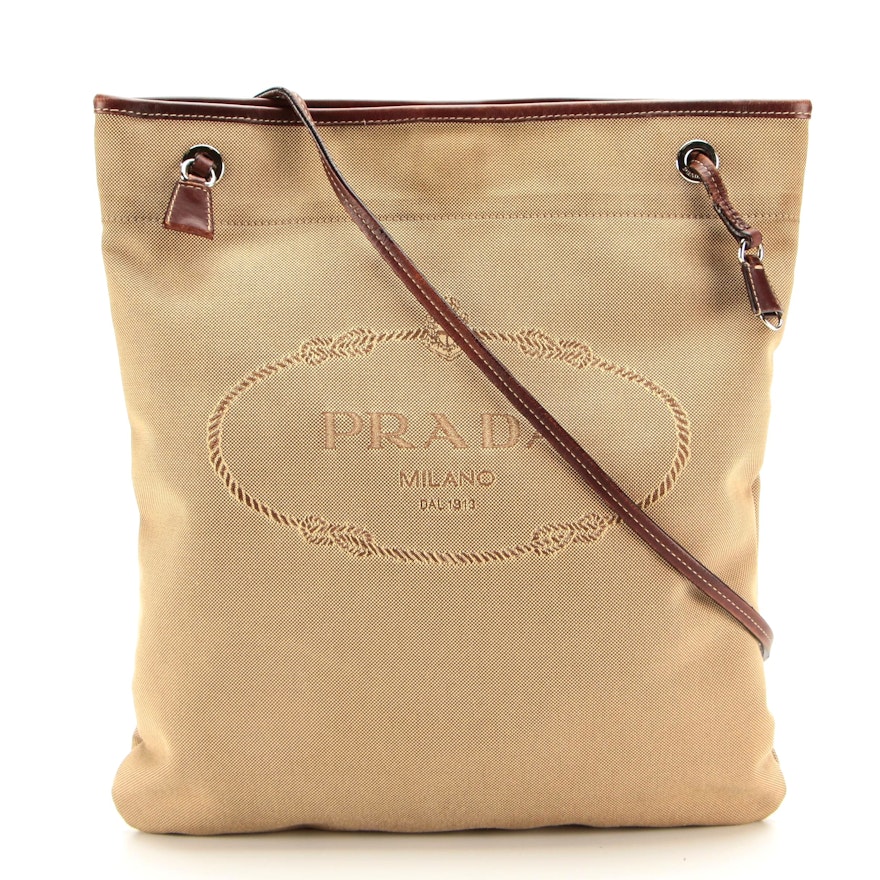 Prada Shoulder Bag in Dark Tan Canvas Jacquard with Leather Trim