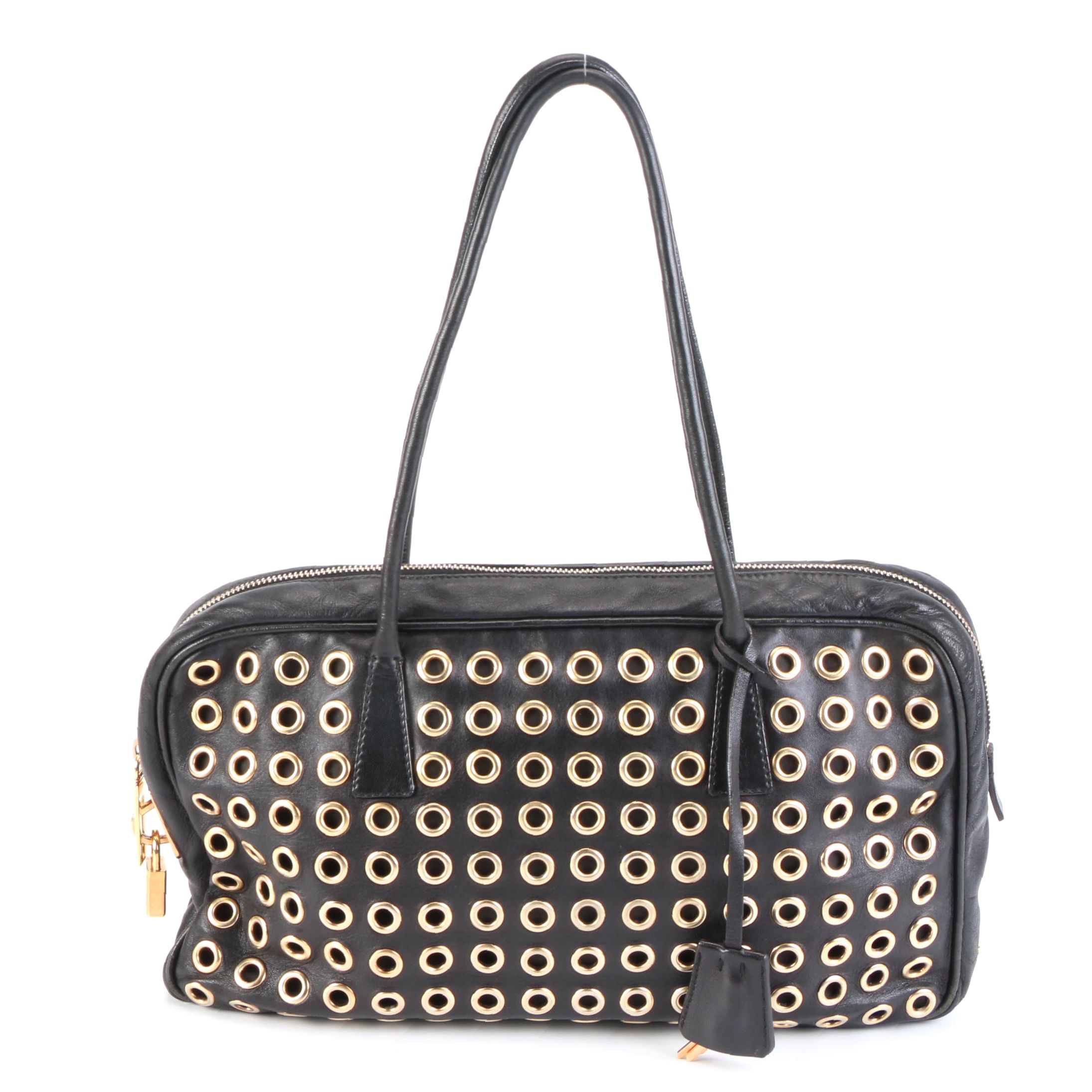 Prada Grommet Embellished Shoulder Bag in Black Leather