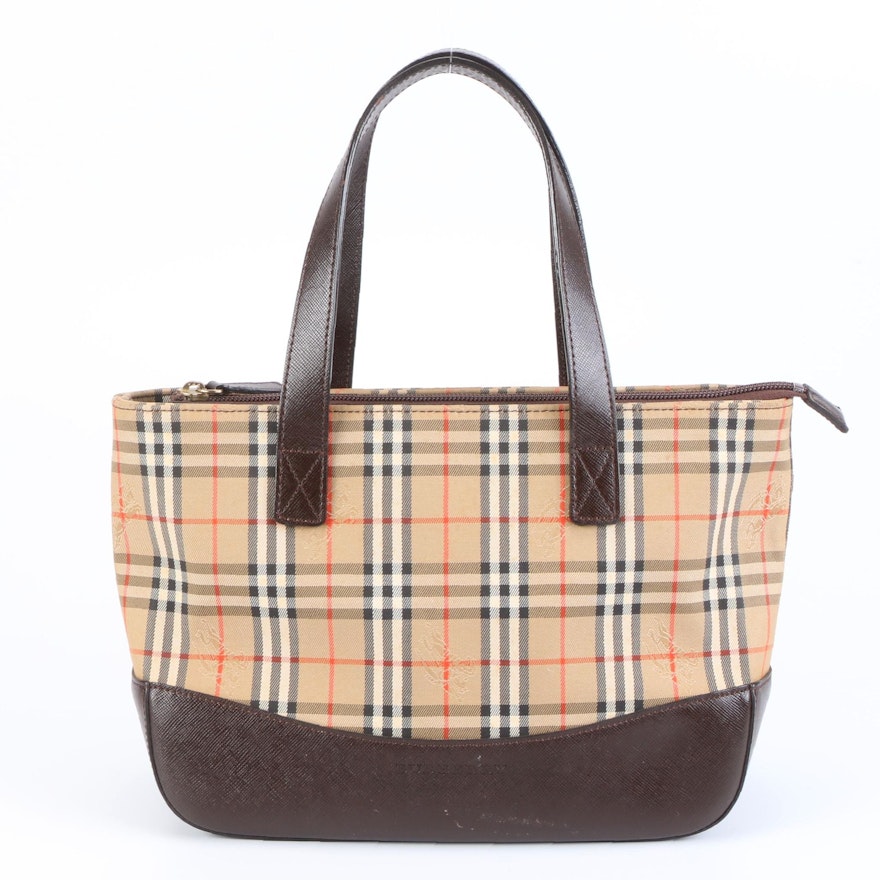 Burberry Small Tote in "Haymarket Check" and Brown Cross-Grain Trim