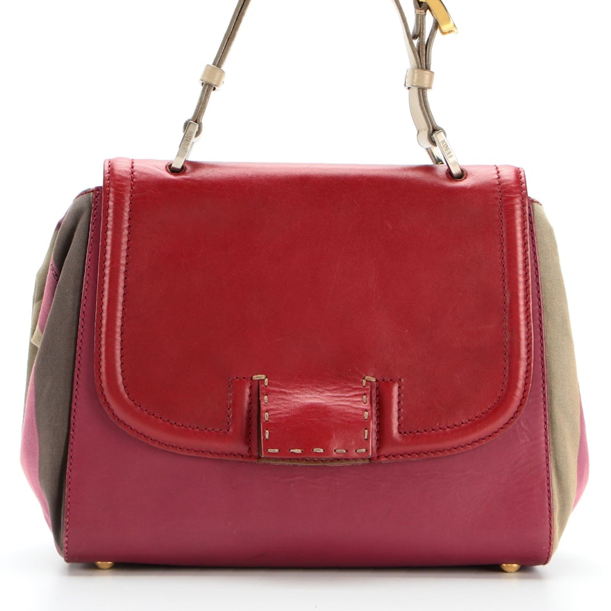 Fendi Silvana Satchel in Leather and Colorblock Canvas with Detachable Strap