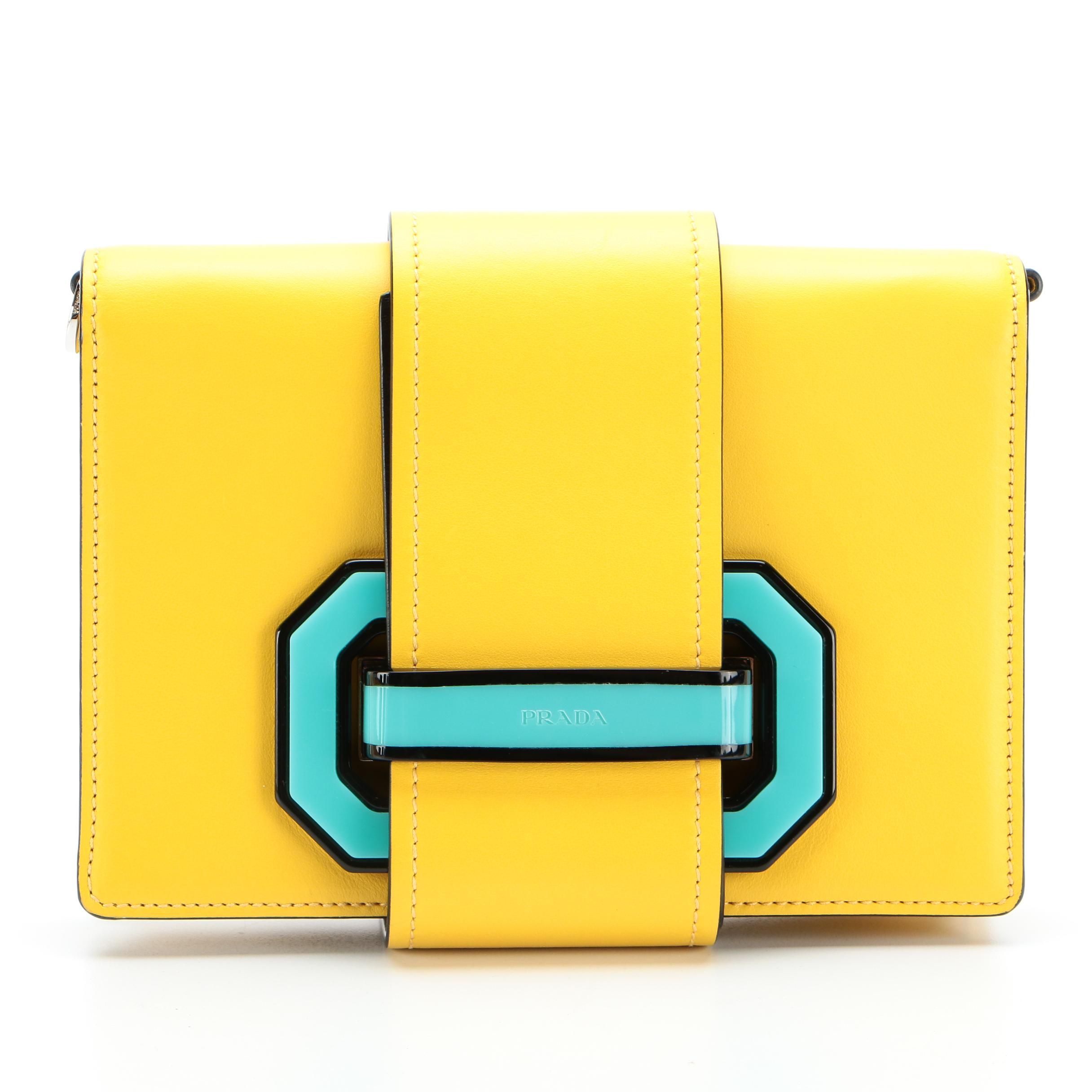 Prada Crossbody Bag in Yellow Leather with Plex Black Ribbon Flap