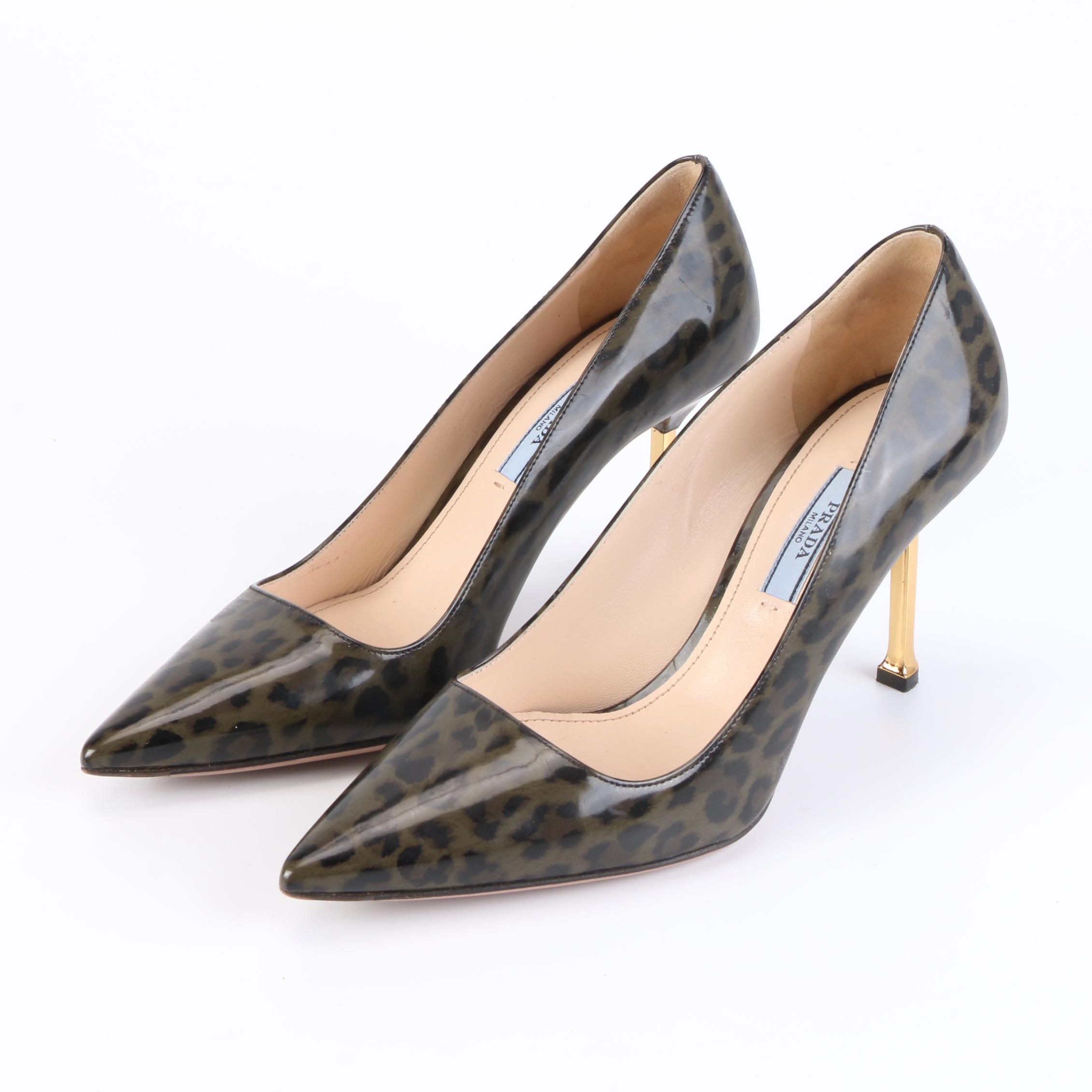 Prada Pointed Toe Pump in Patent Leopard Print