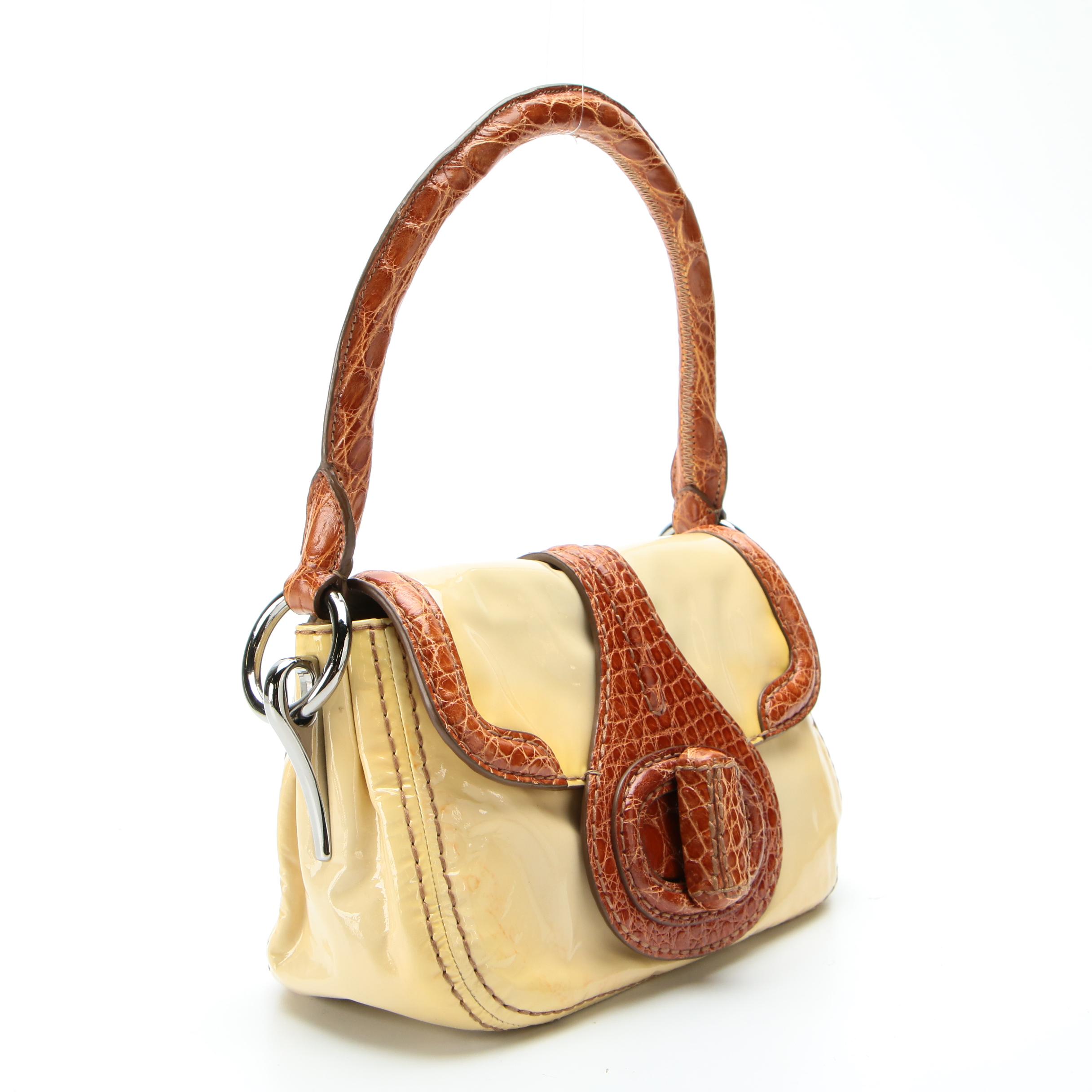 Prada Shoulder Bag BR4594 in Patent Leather with Alligator Skin Trim