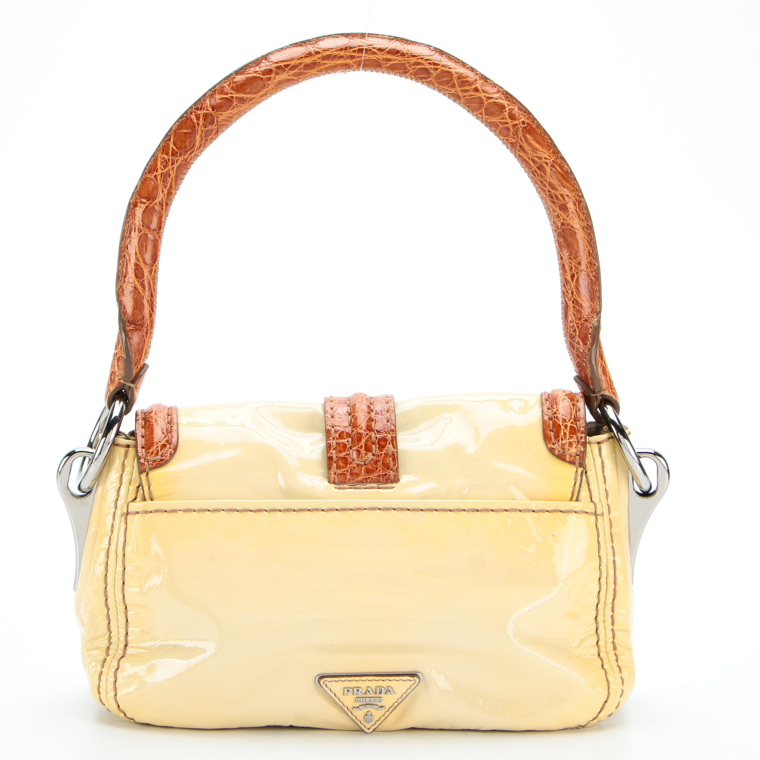 Prada Shoulder Bag BR4594 in Patent Leather with Alligator Skin Trim