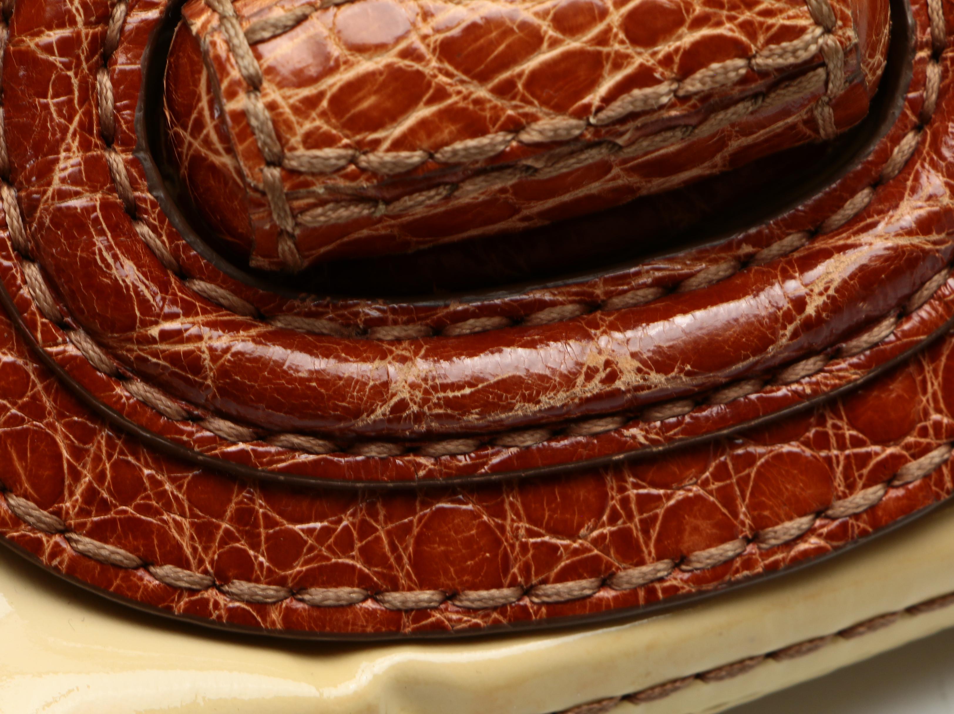 Prada Shoulder Bag BR4594 in Patent Leather with Alligator Skin Trim