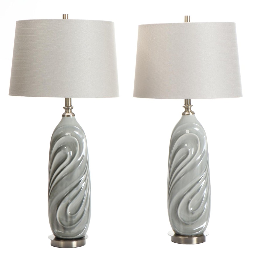 Pair of Gray Textured Ceramic Table Lamps with Shade