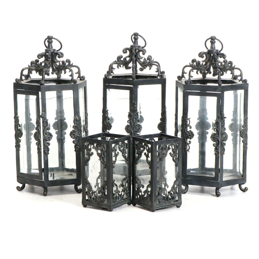 Viridian Bay Beveled Glass, Glass and Cast Metal Candle Lanterns