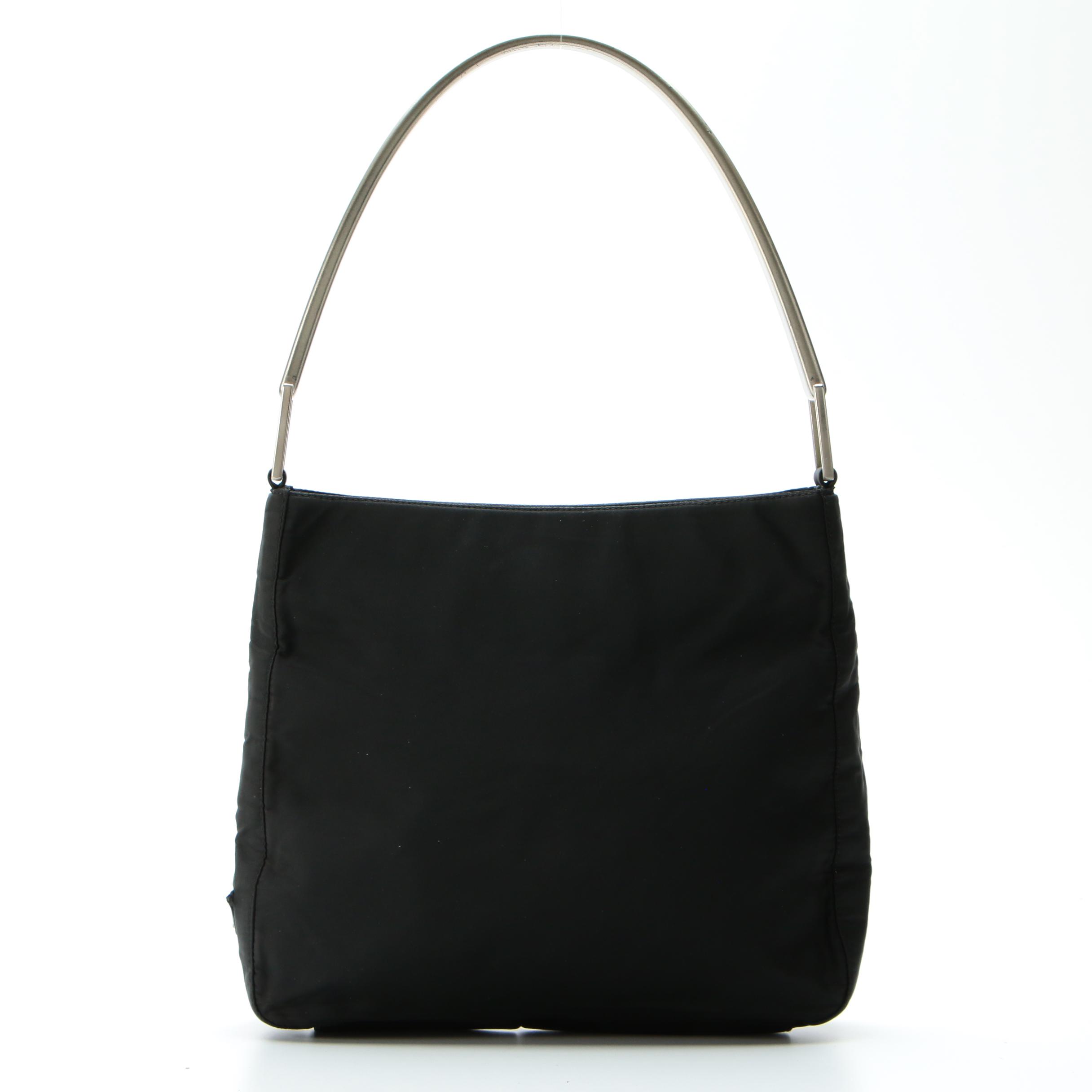 Prada Shoulder Bag in Black Tessuto Nylon with Silver-Tone Handle