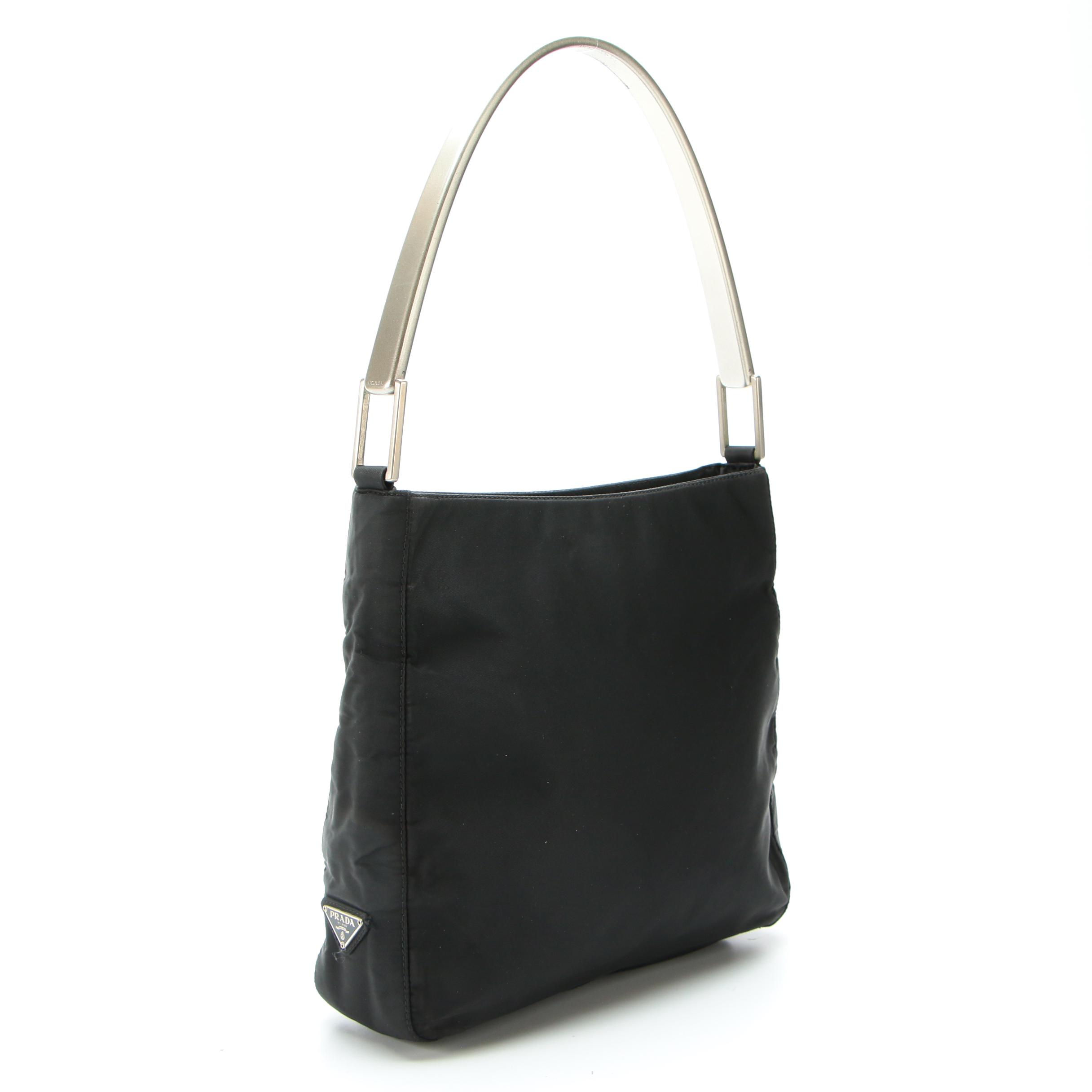 Prada Shoulder Bag in Black Tessuto Nylon with Silver-Tone Handle