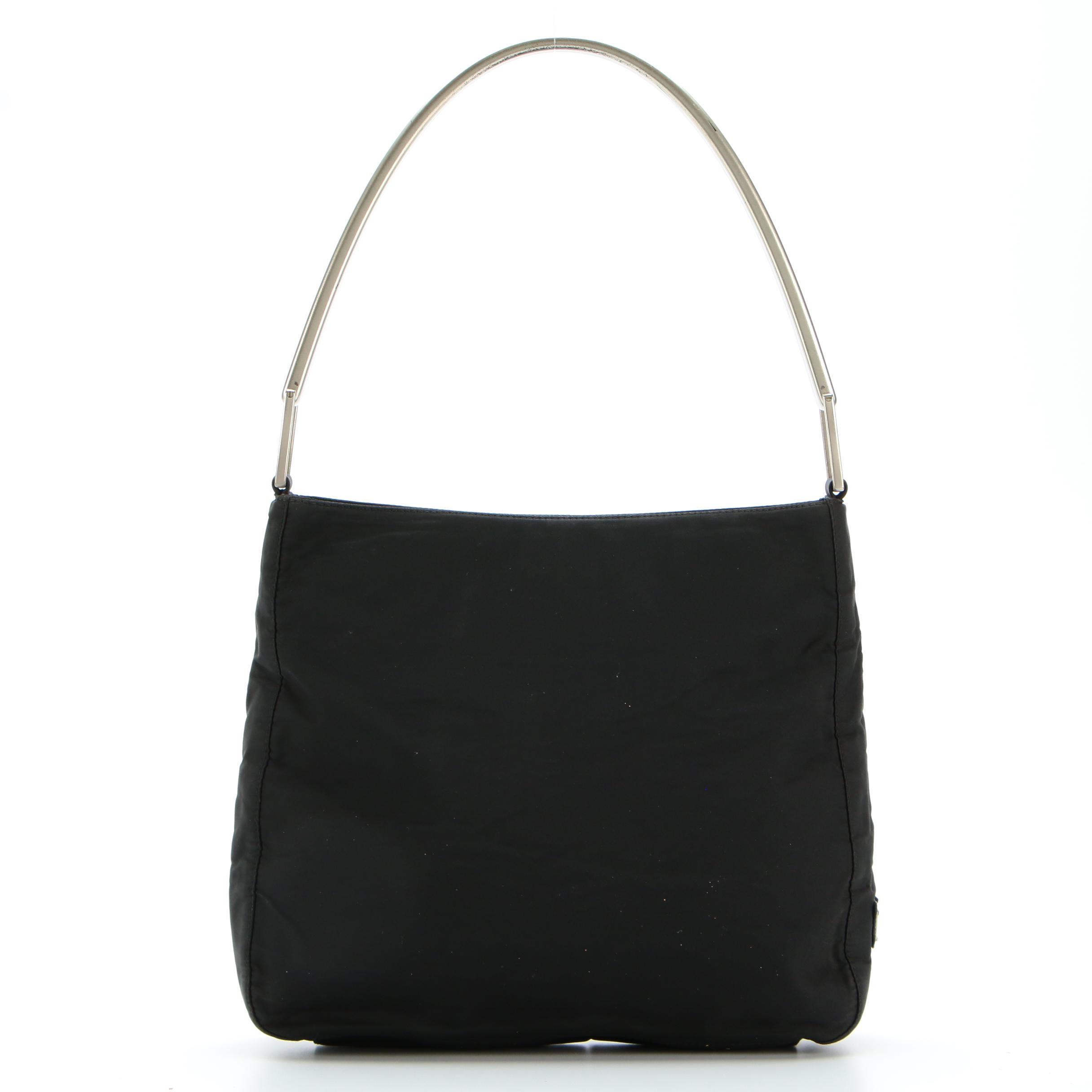 Prada Shoulder Bag in Black Tessuto Nylon with Silver-Tone Handle