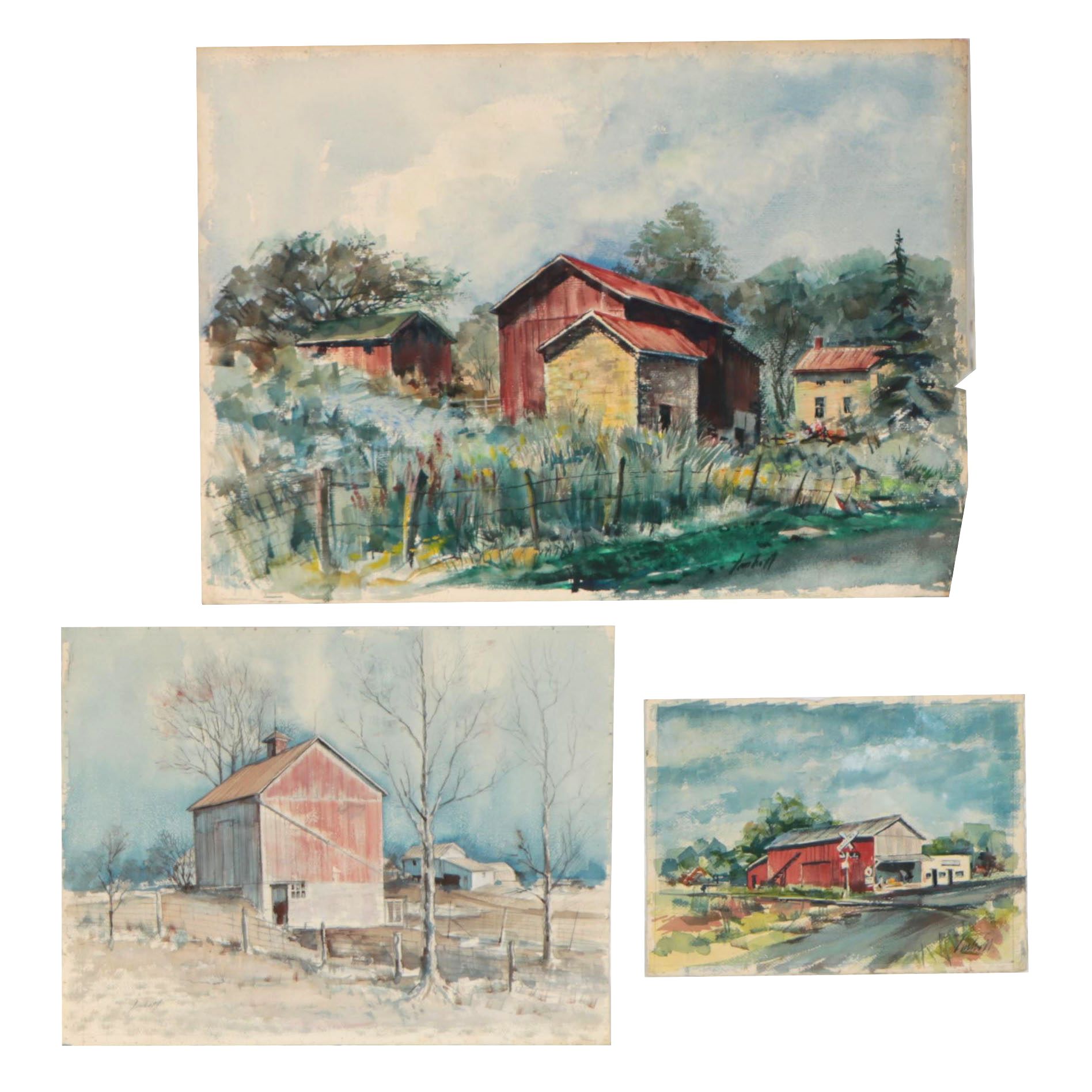 John Imhoff Watercolor Paintings of Barns, Mid-20th Century