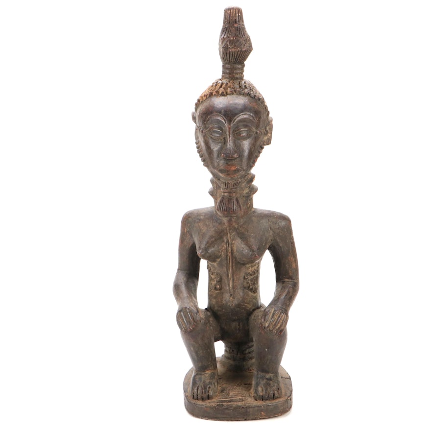 Baule Style Carved Wood Seated Figure, West Africa