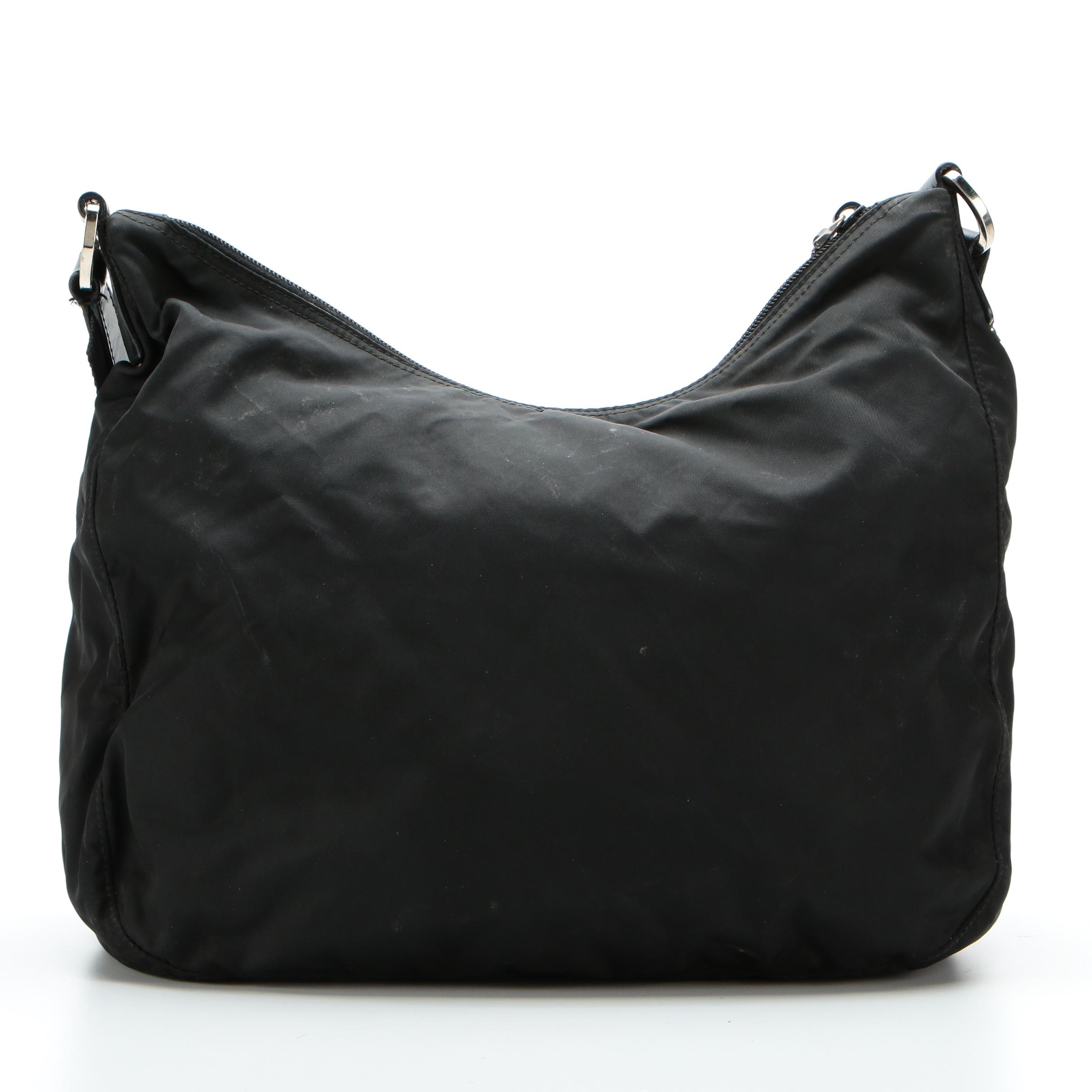 Prada Hobo Shoulder Bag in Black Tessuto Nylon with Leather Trim