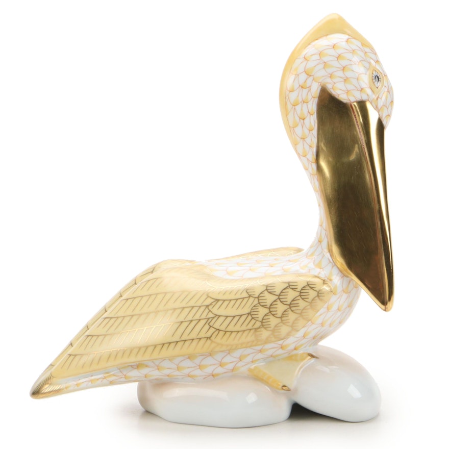 Herend Butterscotch Fishnet with Gold "Pelican On Rocks" Porcelain Figurine