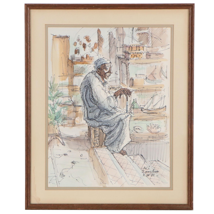 Figurative Watercolor Painting "Ali, Zanzibar," 1980