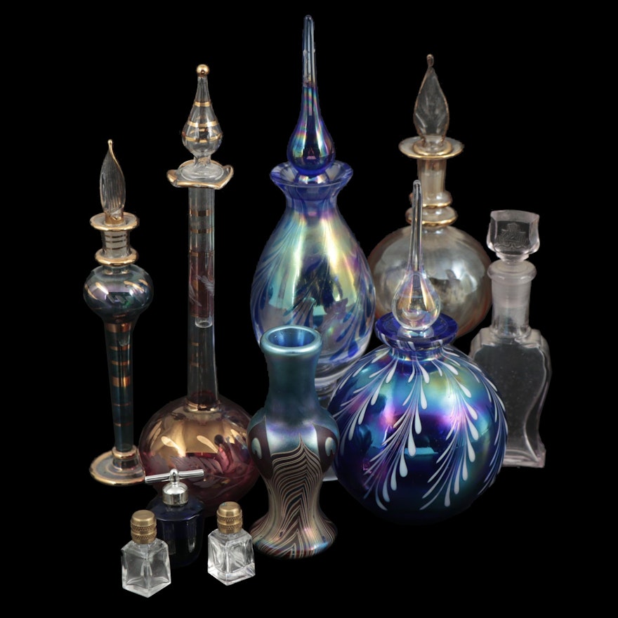 Egyptian Handblown Art Glass and Other Perfume Bottles with Vase