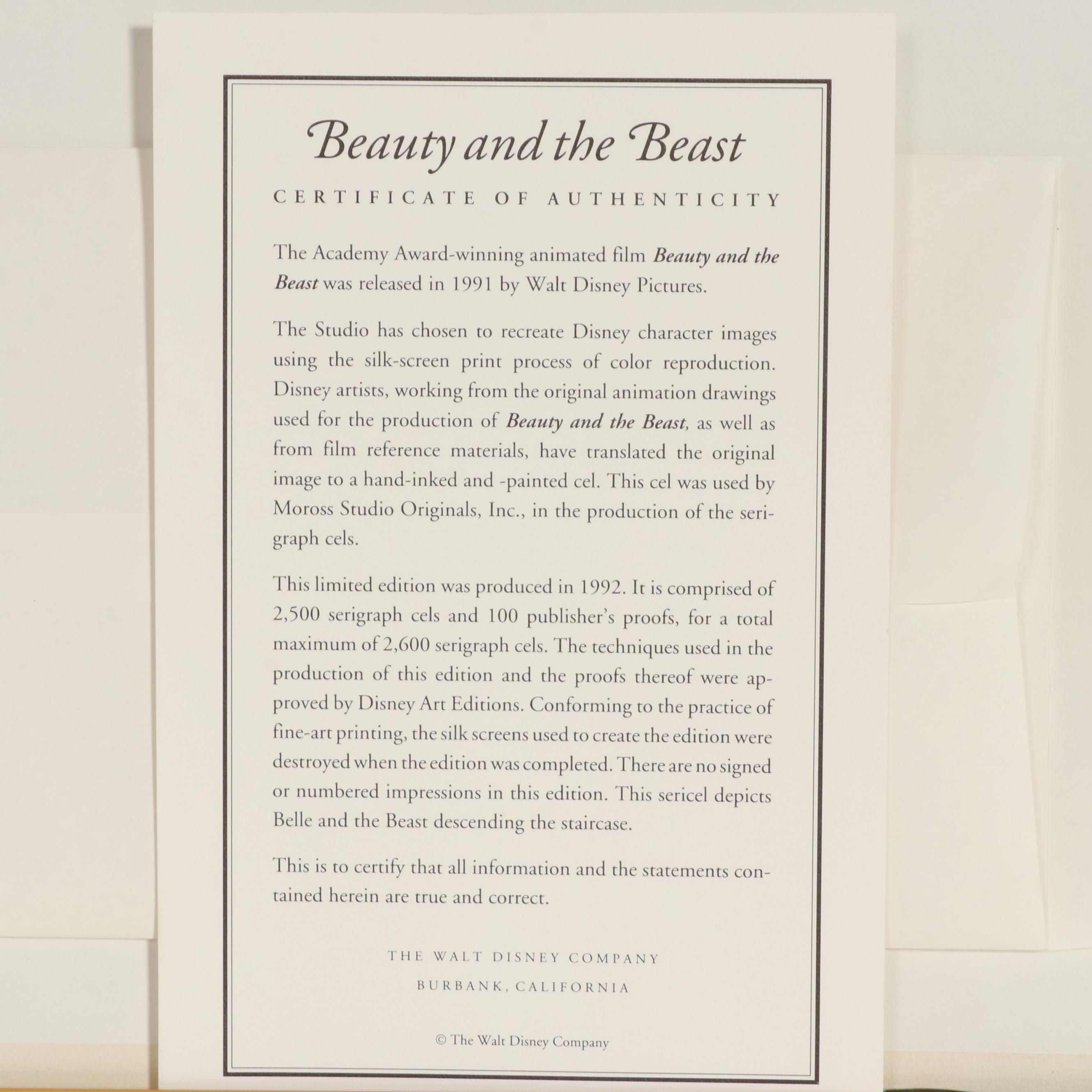 Disney Animation Serigraph Cel "Beauty and the Beast," 1992