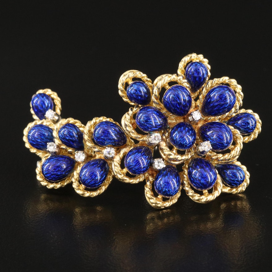 1960s 18K Diamond and Enamel Spray Brooch