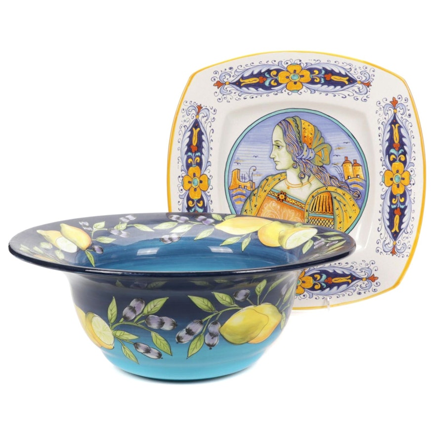 Hand-Painted Italian Deruta Ceramic Plate and Gates Ware Bowl